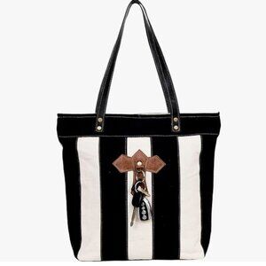 Creative Leather Art canvas and cowhide stripe tote shoulder bag GUC